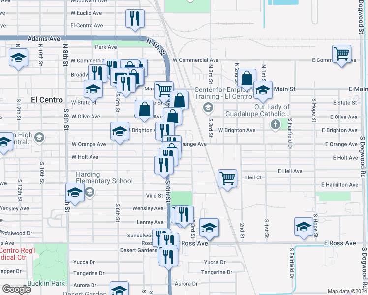 map of restaurants, bars, coffee shops, grocery stores, and more near 321 West Orange Avenue in El Centro