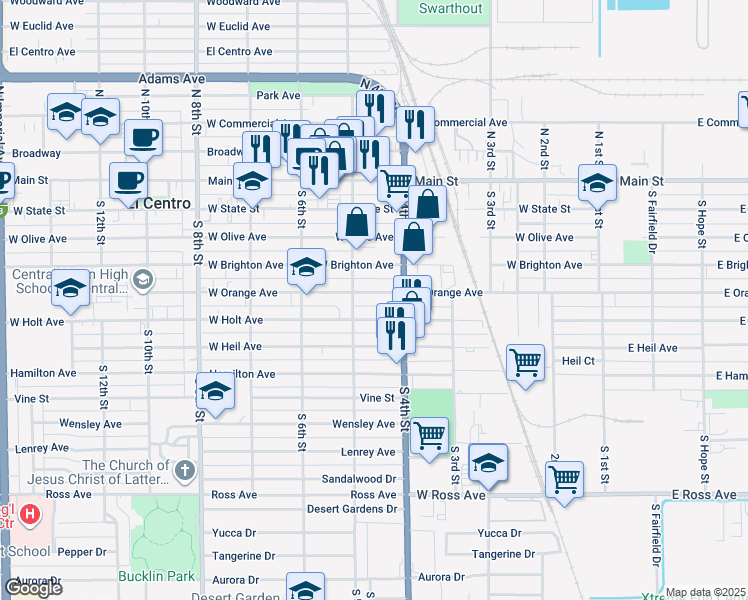 map of restaurants, bars, coffee shops, grocery stores, and more near 459 West Orange Avenue in El Centro