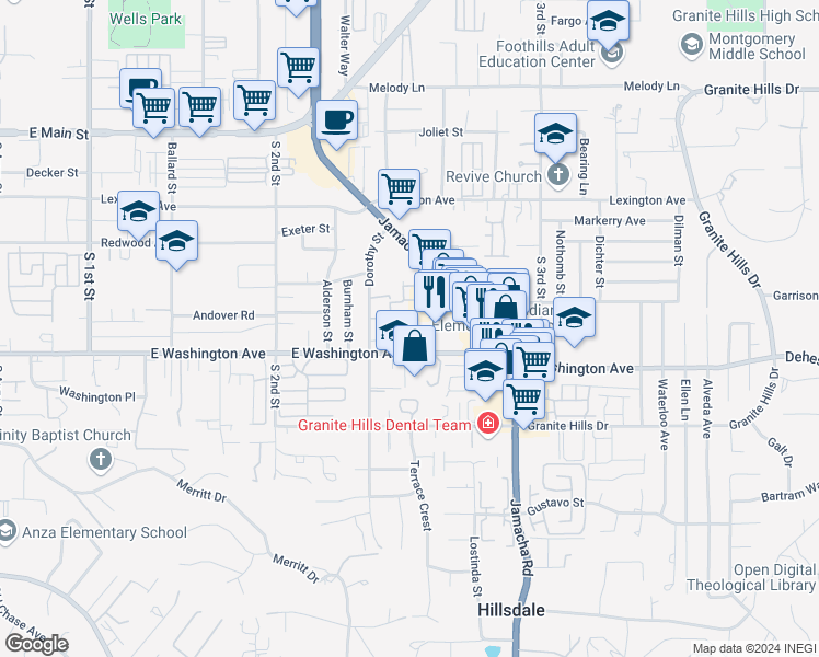 map of restaurants, bars, coffee shops, grocery stores, and more near 1350 East Washington Avenue in El Cajon