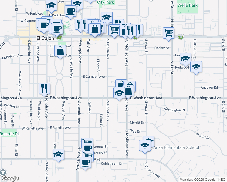 map of restaurants, bars, coffee shops, grocery stores, and more near 649 South Lincoln Avenue in El Cajon