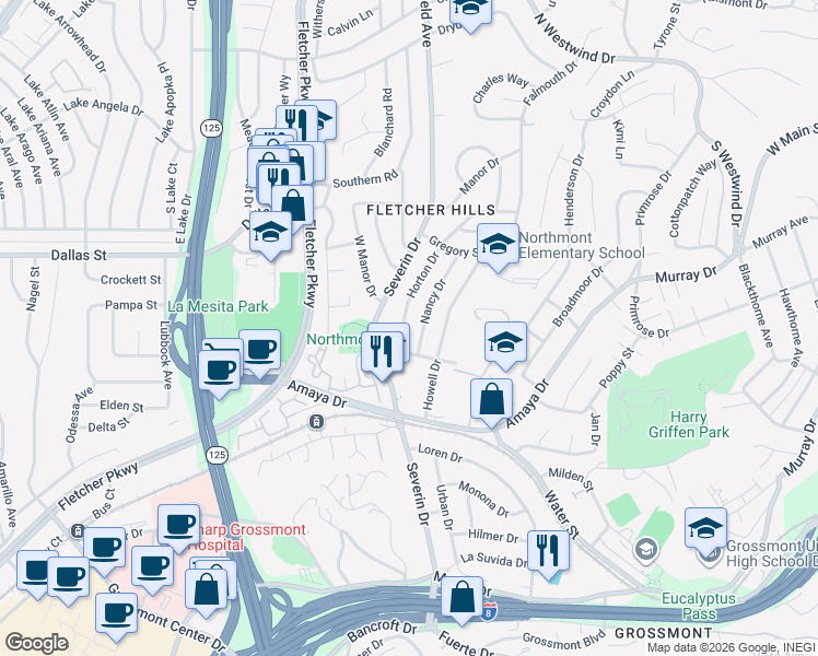 map of restaurants, bars, coffee shops, grocery stores, and more near 6050 Horton Drive in La Mesa