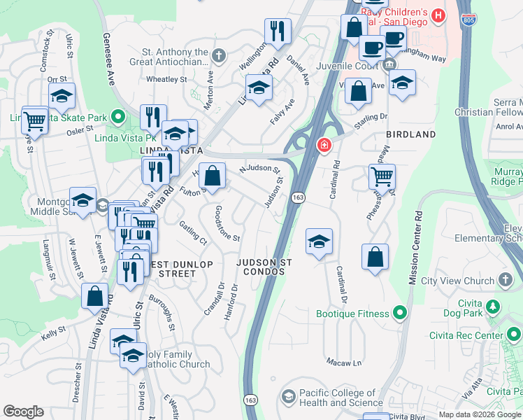 map of restaurants, bars, coffee shops, grocery stores, and more near 2462 Judson Street in San Diego