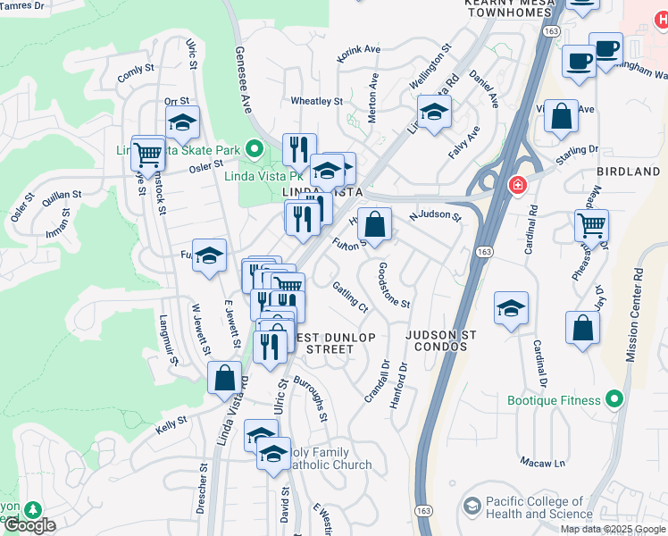map of restaurants, bars, coffee shops, grocery stores, and more near 7163 East Hyatt Street in San Diego