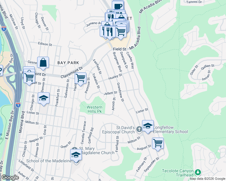 map of restaurants, bars, coffee shops, grocery stores, and more near 2603 Arnott Street in San Diego