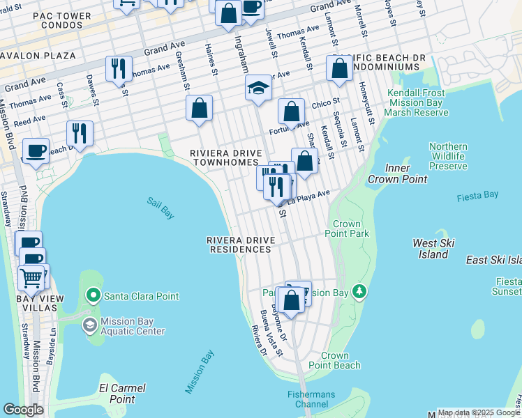 map of restaurants, bars, coffee shops, grocery stores, and more near 1542 La Playa Avenue in San Diego