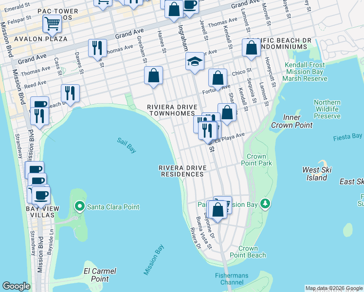 map of restaurants, bars, coffee shops, grocery stores, and more near 3817 Riviera Drive in San Diego