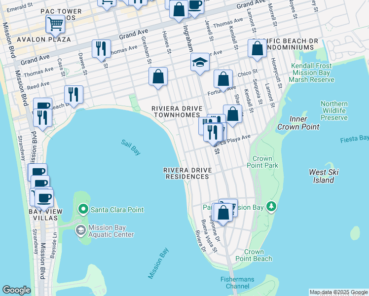 map of restaurants, bars, coffee shops, grocery stores, and more near 3817 Riviera Drive in San Diego