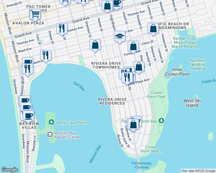 map of restaurants, bars, coffee shops, grocery stores, and more near 3817 Riviera Drive in San Diego