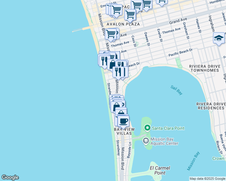 map of restaurants, bars, coffee shops, grocery stores, and more near 3944 Mission Boulevard in San Diego