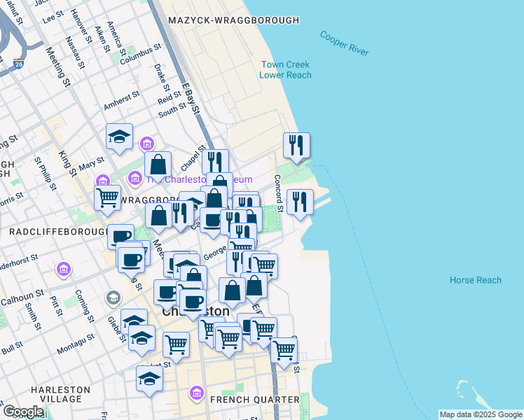 map of restaurants, bars, coffee shops, grocery stores, and more near 303 Concord Street in Charleston