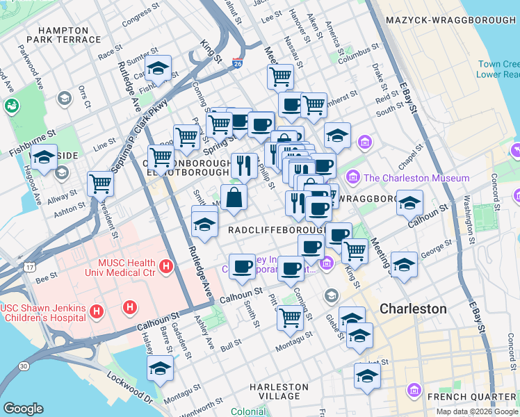 map of restaurants, bars, coffee shops, grocery stores, and more near 34 Radcliffe Street in Charleston