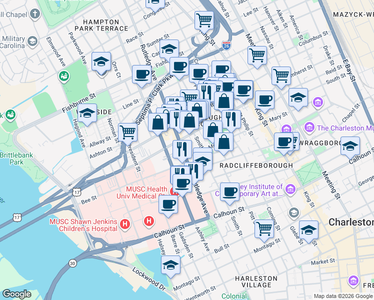 map of restaurants, bars, coffee shops, grocery stores, and more near 92 Morris Street in Charleston