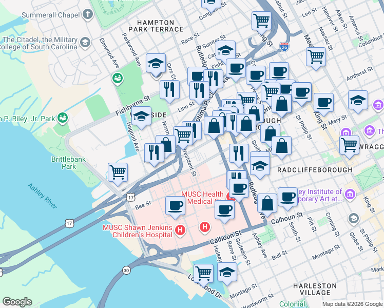map of restaurants, bars, coffee shops, grocery stores, and more near 155 Spring Street in Charleston