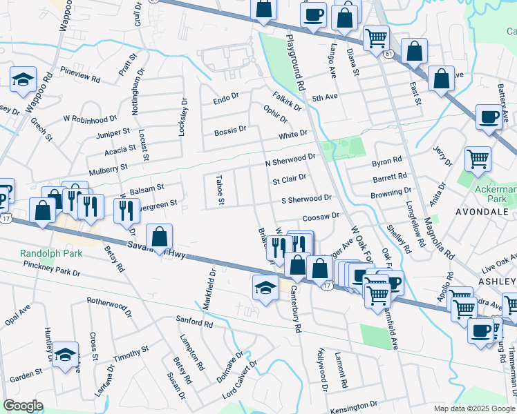 map of restaurants, bars, coffee shops, grocery stores, and more near 1419 South Sherwood Drive in Charleston