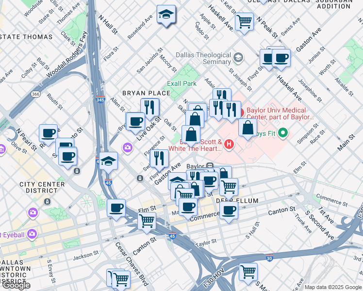 map of restaurants, bars, coffee shops, grocery stores, and more near 2919 Floyd Street in Dallas