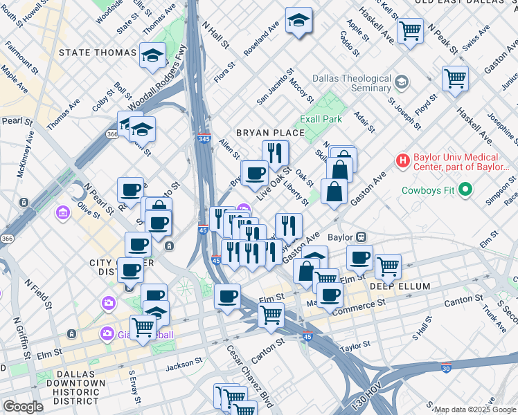 map of restaurants, bars, coffee shops, grocery stores, and more near 2700 Live Oak Street in Dallas