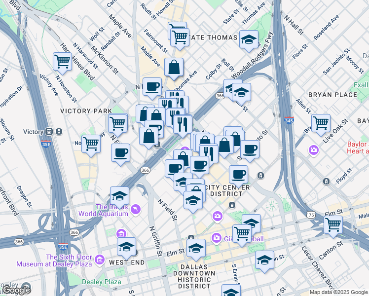 map of restaurants, bars, coffee shops, grocery stores, and more near 1717 North Harwood Street in Dallas