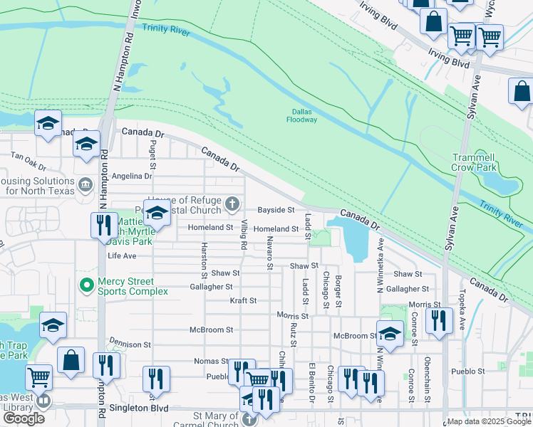 map of restaurants, bars, coffee shops, grocery stores, and more near 1616 Bayside Street in Dallas