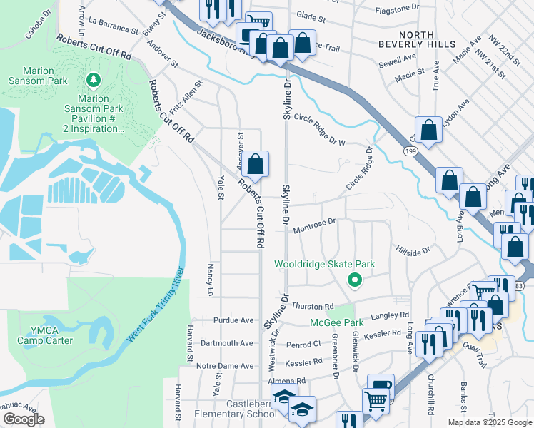 map of restaurants, bars, coffee shops, grocery stores, and more near 1924 Roberts Cut Off Road in Fort Worth