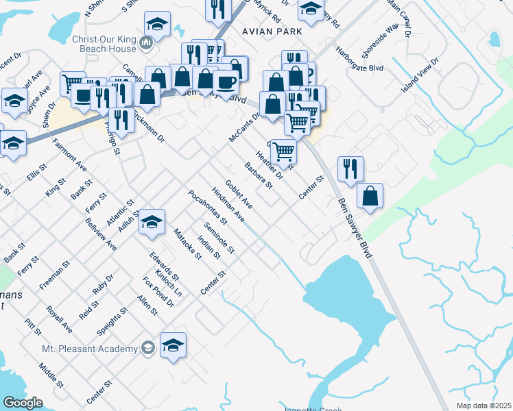 map of restaurants, bars, coffee shops, grocery stores, and more near 1474 Goblet Avenue in Mount Pleasant