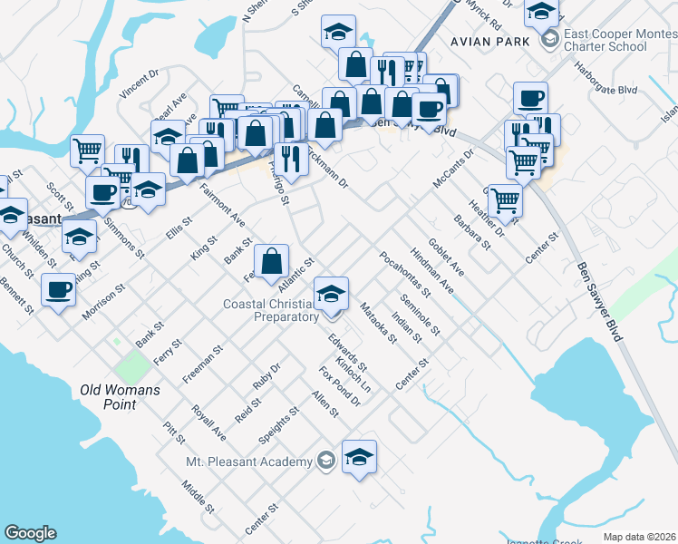 map of restaurants, bars, coffee shops, grocery stores, and more near 724 McCants Drive in Mount Pleasant