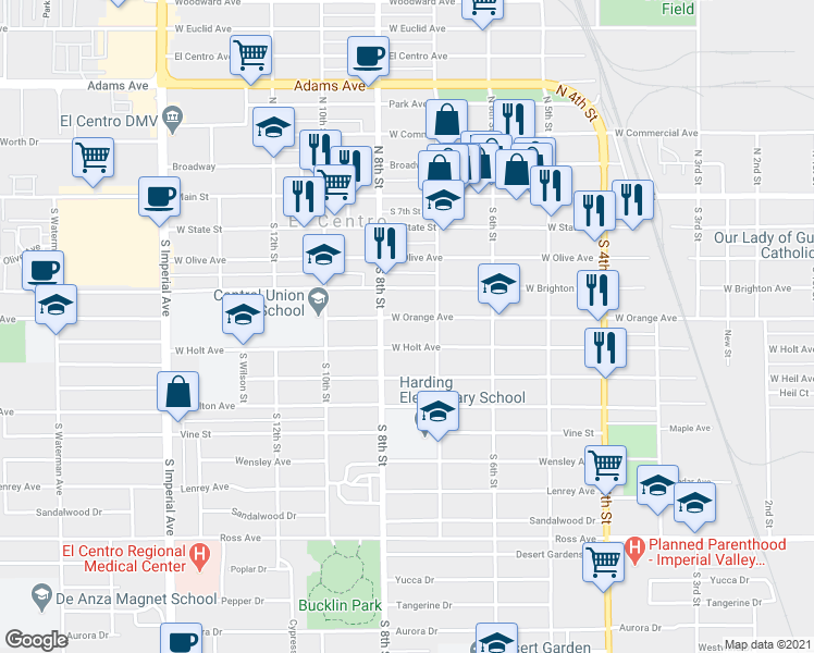 map of restaurants, bars, coffee shops, grocery stores, and more near 761 West Orange Avenue in El Centro