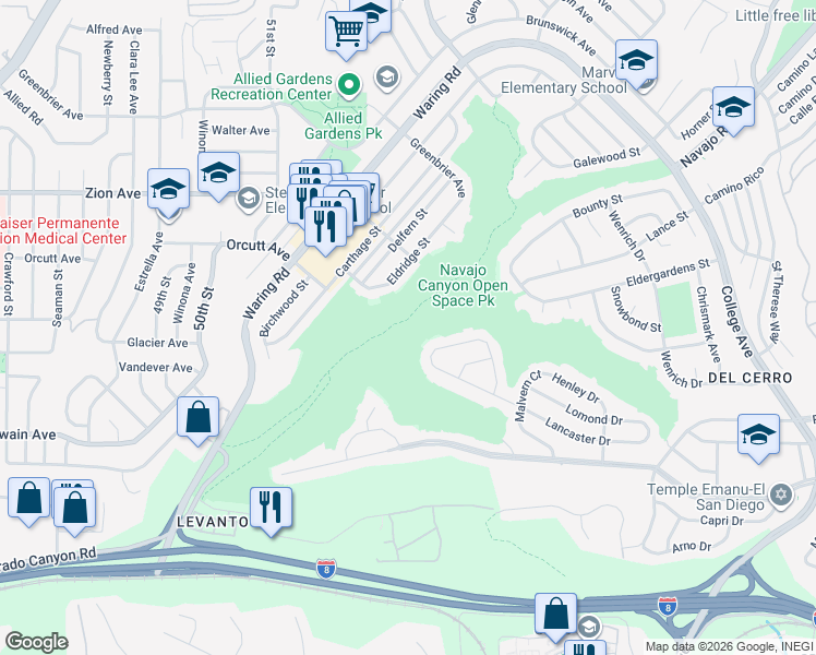 map of restaurants, bars, coffee shops, grocery stores, and more near Navajo Canyon Trail in San Diego