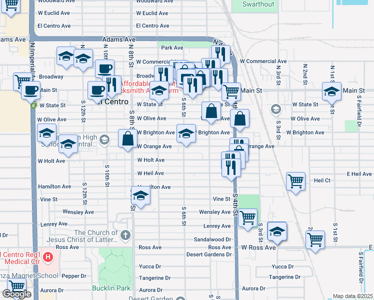 map of restaurants, bars, coffee shops, grocery stores, and more near 585 W Orange Ave in El Centro