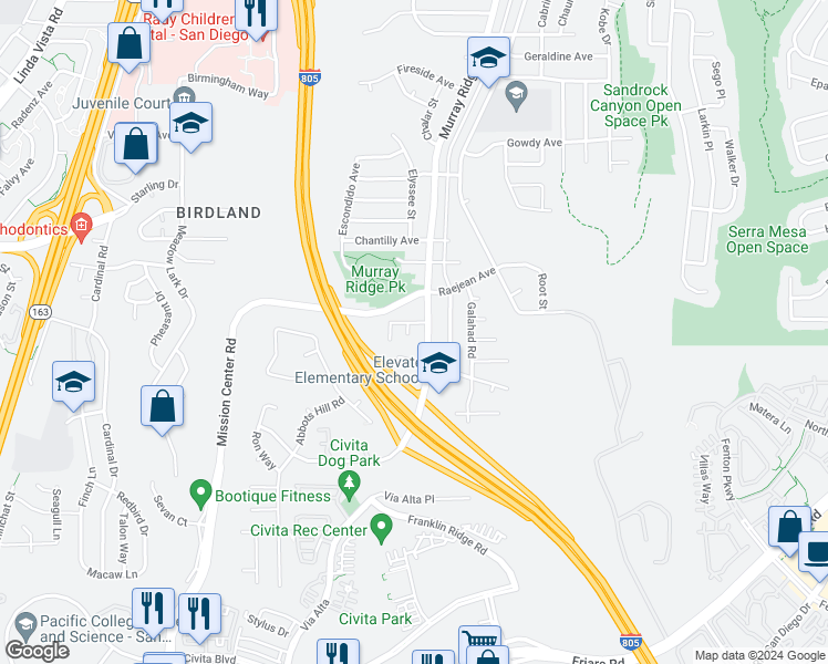 map of restaurants, bars, coffee shops, grocery stores, and more near 2373 Chenault Street in San Diego