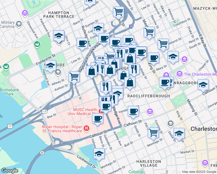 map of restaurants, bars, coffee shops, grocery stores, and more near 92 Morris Street in Charleston