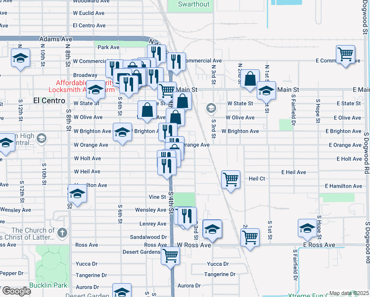 map of restaurants, bars, coffee shops, grocery stores, and more near 333 West Orange Avenue in El Centro