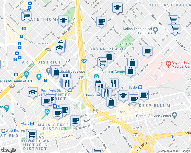 map of restaurants, bars, coffee shops, grocery stores, and more near 2625 Live Oak Street in Dallas