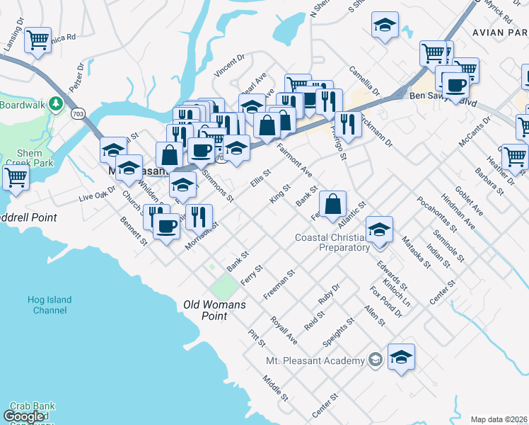 map of restaurants, bars, coffee shops, grocery stores, and more near 1303 Kings Court in Mount Pleasant