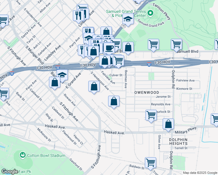 map of restaurants, bars, coffee shops, grocery stores, and more near 1506 South Henderson Avenue in Dallas