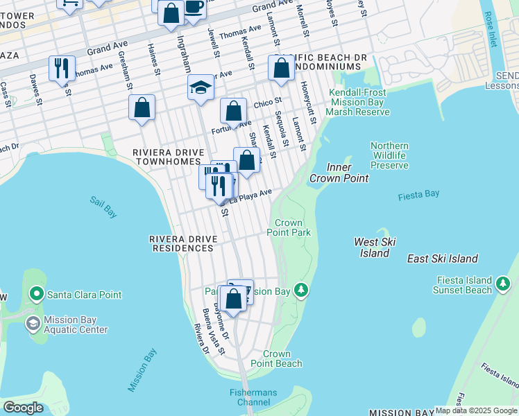 map of restaurants, bars, coffee shops, grocery stores, and more near 3751-55 Jewell Street in San Diego
