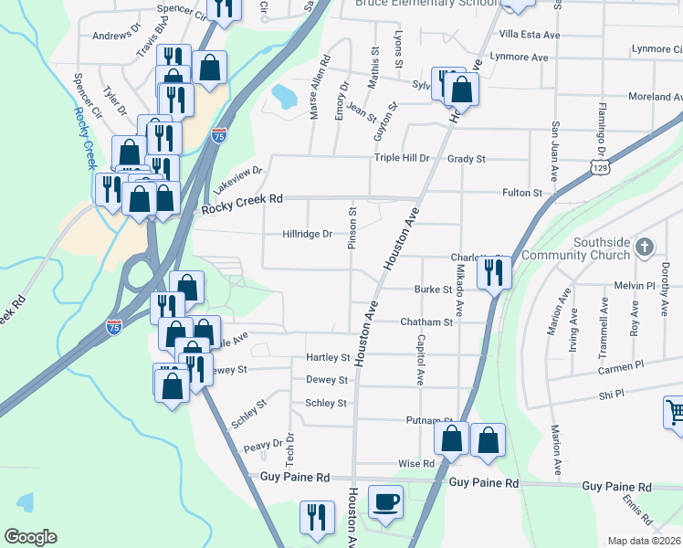 map of restaurants, bars, coffee shops, grocery stores, and more near 1208 Buena Vista Avenue in Macon