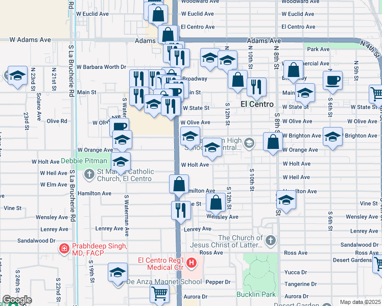 map of restaurants, bars, coffee shops, grocery stores, and more near 1001 West Brighton Avenue in El Centro