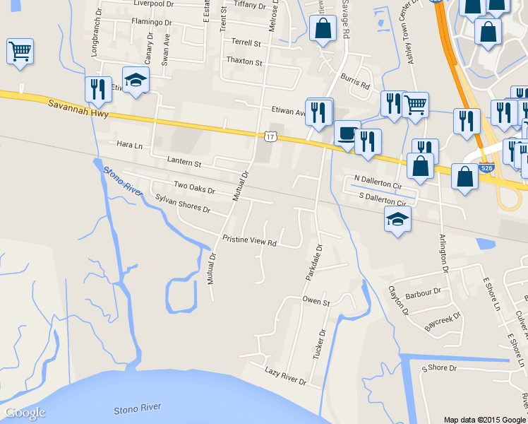 map of restaurants, bars, coffee shops, grocery stores, and more near 425 Meadow Breeze Lane in Charleston