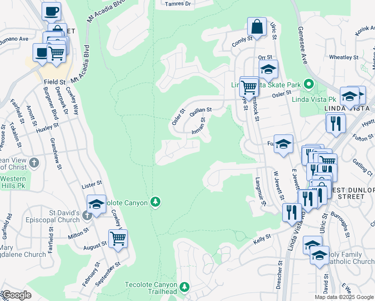 map of restaurants, bars, coffee shops, grocery stores, and more near 6313 Dinamica Way in San Diego