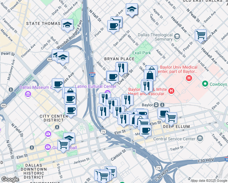 map of restaurants, bars, coffee shops, grocery stores, and more near 2700 Live Oak Street in Dallas