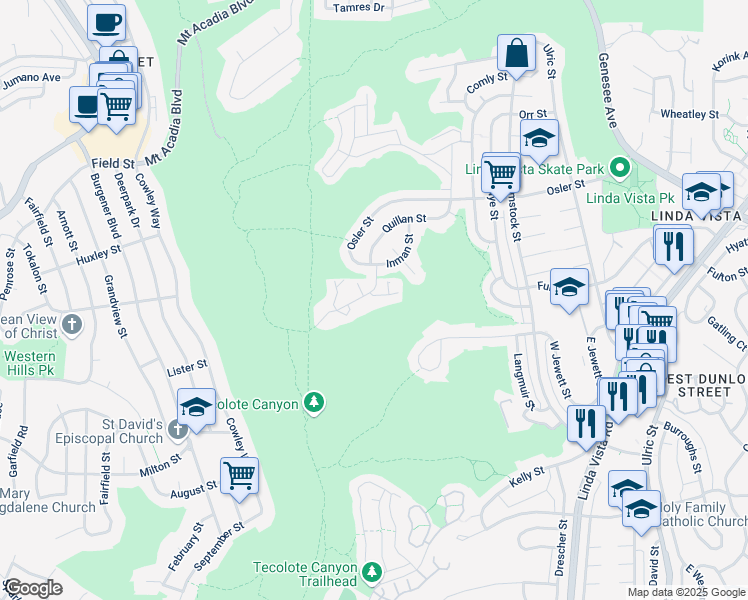 map of restaurants, bars, coffee shops, grocery stores, and more near 6313 Dinamica Way in San Diego