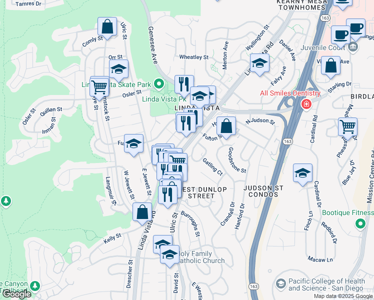 map of restaurants, bars, coffee shops, grocery stores, and more near 7033 Linda Vista Road in San Diego