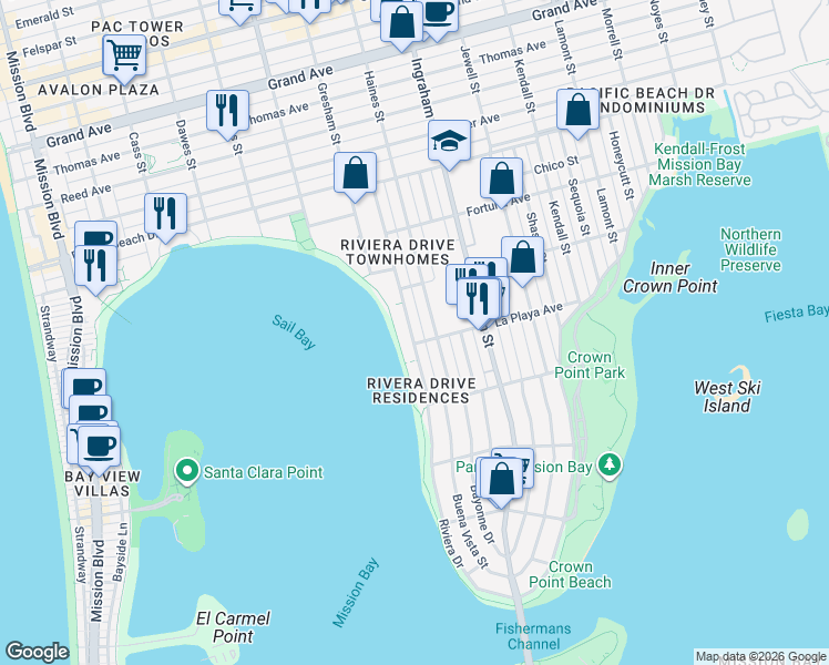 map of restaurants, bars, coffee shops, grocery stores, and more near 3817 Riviera Drive in San Diego