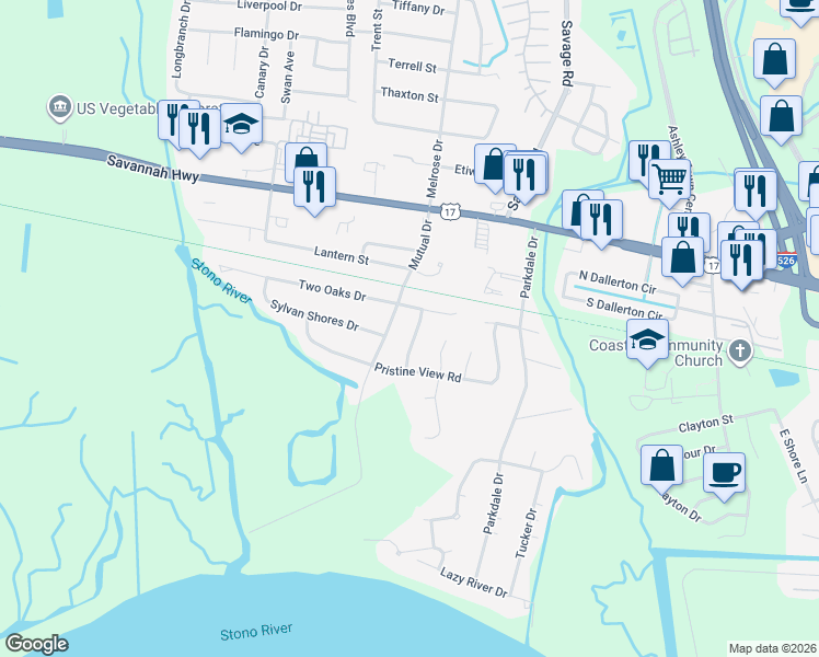 map of restaurants, bars, coffee shops, grocery stores, and more near 423 Tramway Drive in Charleston