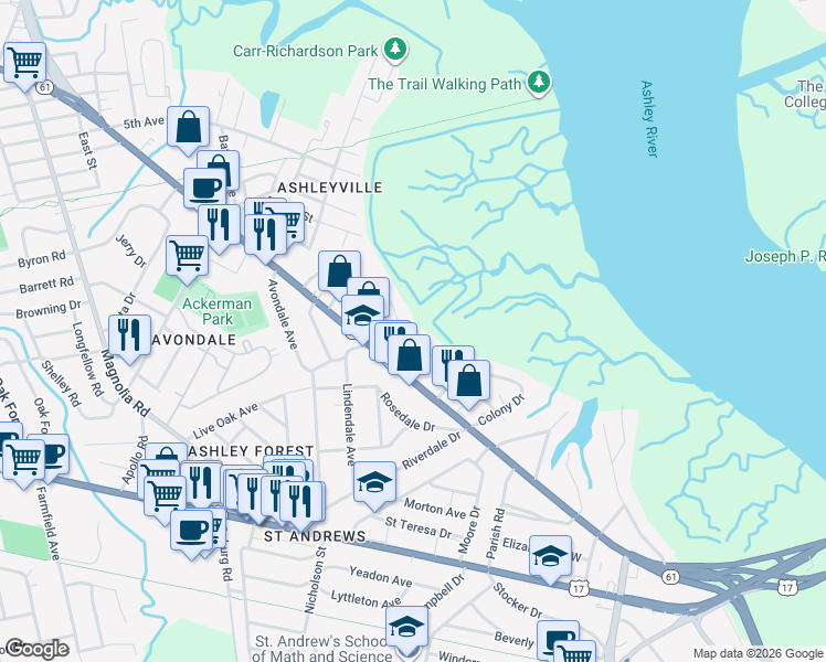 map of restaurants, bars, coffee shops, grocery stores, and more near 3 Oakdale Place in Charleston