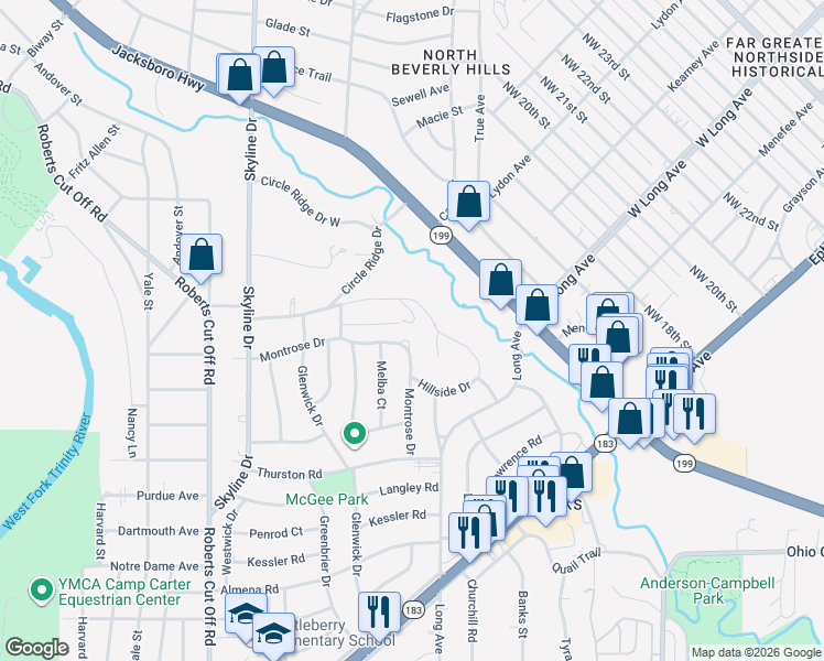 map of restaurants, bars, coffee shops, grocery stores, and more near 4850 Montrose Drive in River Oaks