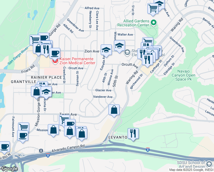 map of restaurants, bars, coffee shops, grocery stores, and more near 6330 Winona Avenue in San Diego