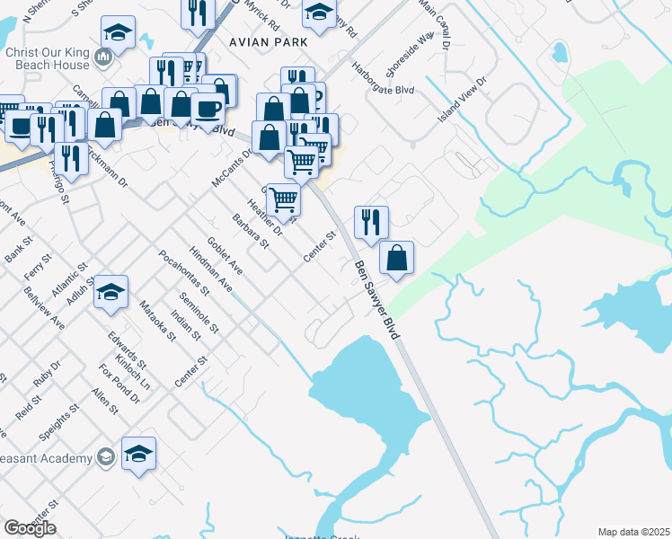 map of restaurants, bars, coffee shops, grocery stores, and more near 1516 Lorenzo Street in Mount Pleasant
