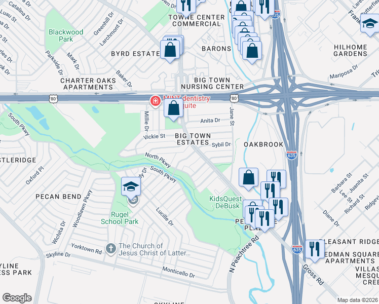 map of restaurants, bars, coffee shops, grocery stores, and more near 2405 Sybil Drive in Mesquite