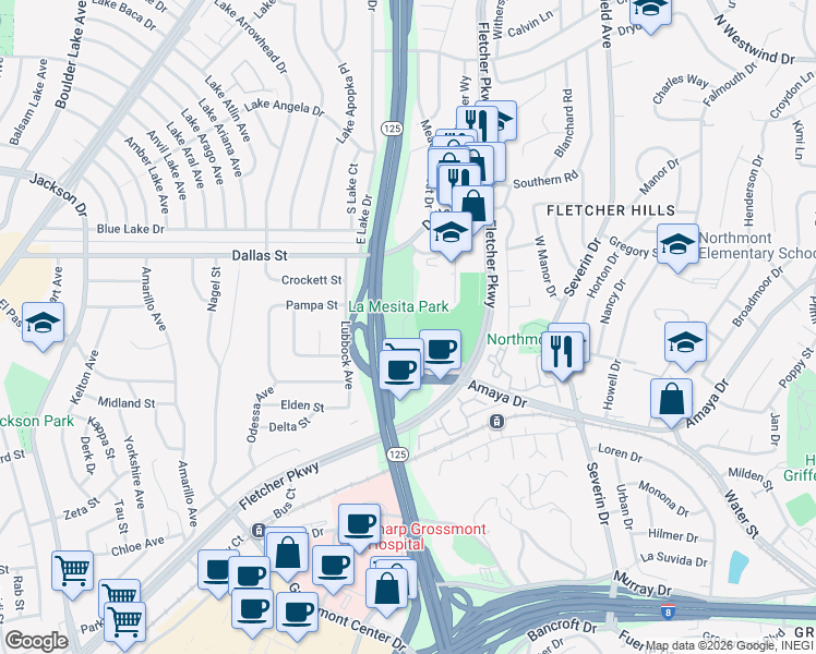 map of restaurants, bars, coffee shops, grocery stores, and more near 8881 Dallas Street in La Mesa